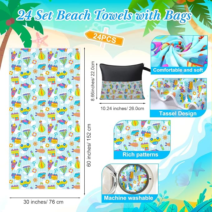 Peryiter 48 Pcs Microfiber Beach Towel with Bags Bulk, 24 Large Quick Dry Pool Towels and 24 Storage Bags, 28 x 55 Inch Ocean Blanket for Beach Swimming Summer Party Camping Travel Women - Image 2