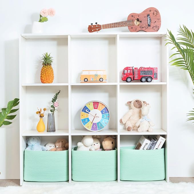 MINTWOOD Design 3-Pack Decorative Woven Storage Baskets for Shelves, Cube Bin Box for Organizing Books, Shoes, Dog Toys, Pantry Closet and Living Room Organizer, Mint - Image 4