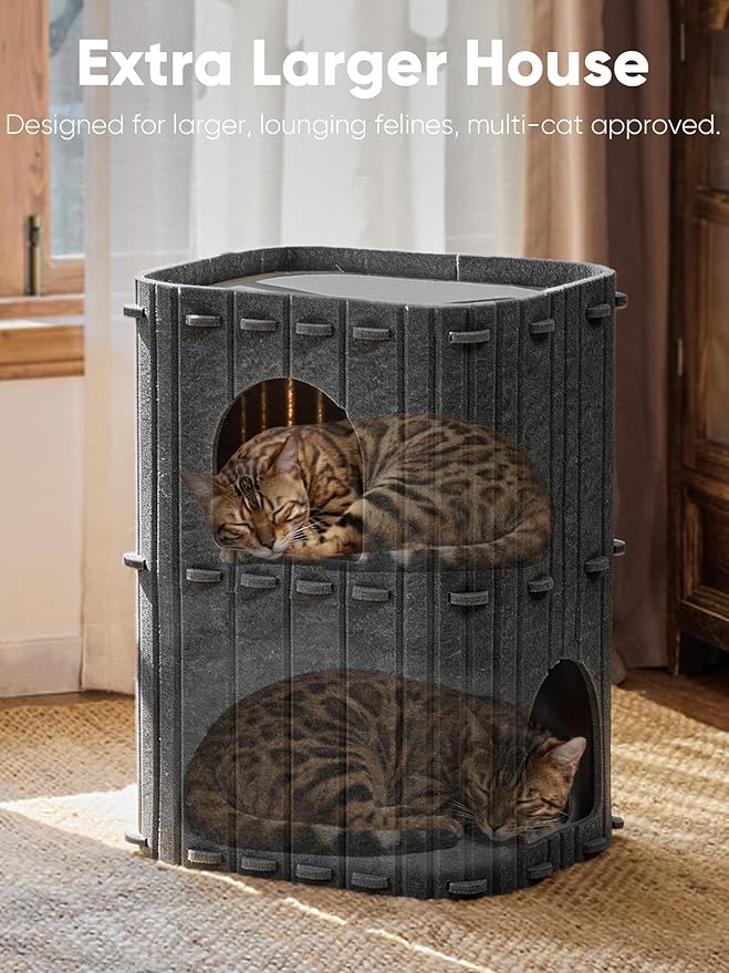 FUKUMARU Cat House for Indoor Cats, Warm Felt Cat Bed, Scratch Resistant | Large Cat Bed Cave, 3-in-1 Cat Condo, Cozy Felt Covered Cats Tunnel, 23.62 Inch Kitten Hideaway for Multicats, Dark Grey - Image 4