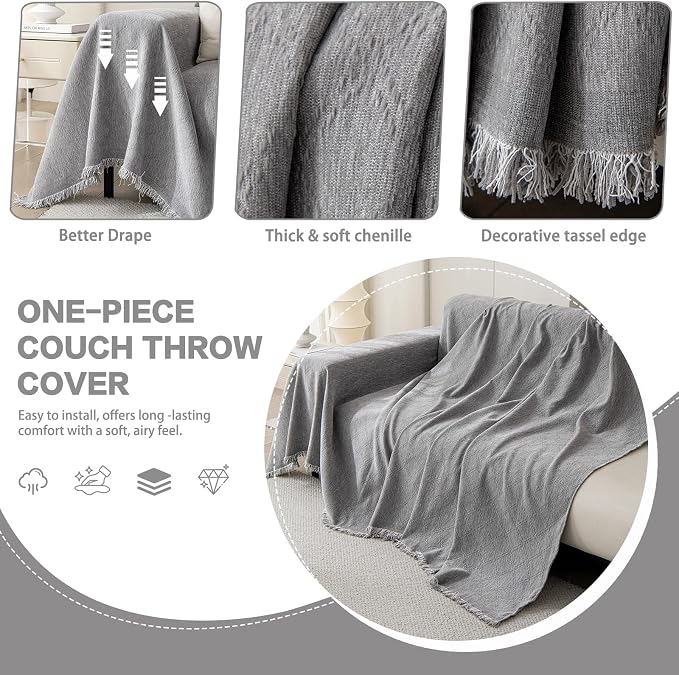 DREAMINGO Modern Chenille Couch Cover Blanket Washable Sofa Covers for 3 Cushion Couch Diamond Weave Textured Furniture Protector for Dogs Soft Light Grey Couch Throw Cover, X-Large 71"x134" - Image 3