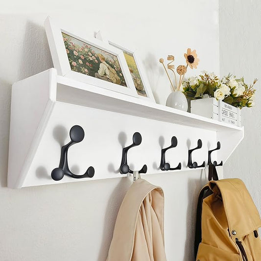 SKOLOO Wall Shelf with Hooks, 35-Inch White Coat Rack Wall Mount with Shelf Organizer - Lightweight & Sturdy​​, 5 Tri Hooks - Perfect for Entryway, Hallway, Living Room, Bedroom, Mudroom by SKOLOO