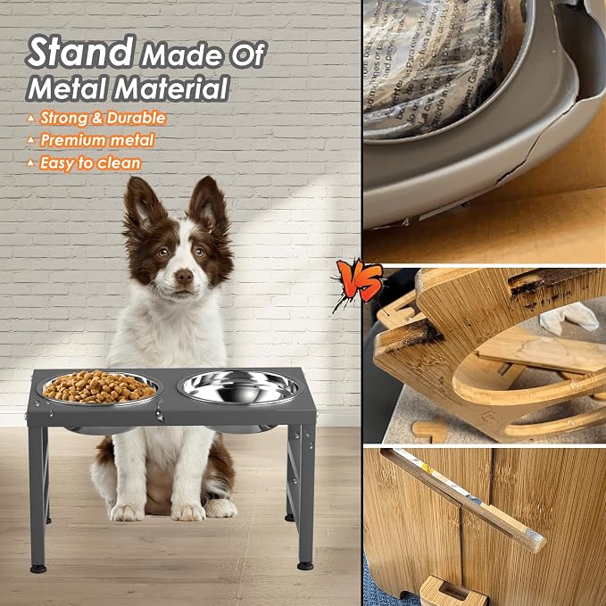 ADENGL Metal Raised Dog Bowl, 10" Height Tall Elevate Dog Feeder Stand with 2 Stainless Steel 42oz Bowls & 16x24 Non-Slip Mat – Stronger Dogs Food & Water Bowl Stand (Grey) - Image 4