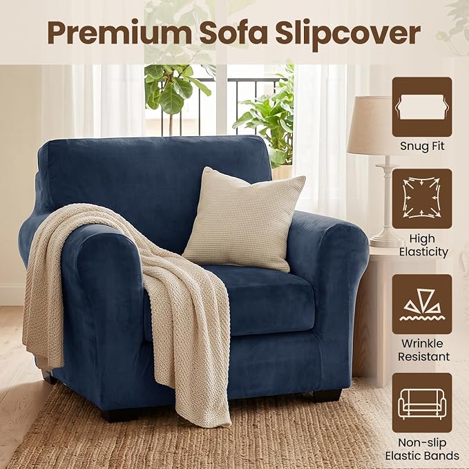 XINEAGE 2-Piece Velvet Armchair Sofa Cover, Couch Covers for Dog,Navy Blue | 1 Cushion Chair,Stretch Non-slip Elastic, Pet-friendly, Washable, Fast Setup, Soft Plush Fabric, Furniture Protector. - Image 2