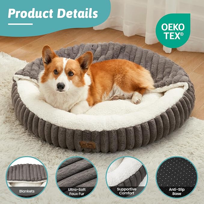 Dog Bed with Hooded Blanket, Round Fluffy Anti-Anxiety Pet Bed for Small Dogs & Medium Dogs, Cozy Donut Cuddler with Machine Washable Faux Fur & Anti-Slip Bottom(26"×26"×7",Grey) - Image 4
