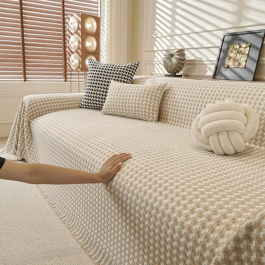 ROOMLIFE Thicked Checkered Boho Khaki Couch Cover for 2-3 Cushion Sofa, Chenille Sofa Slipcovers Sectional Sofas Covers for Dog, Non Slip Washable Furniture Protector Soft with Tassel 71''X150'' by ROOMLIFE