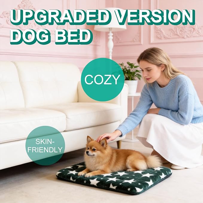 Washable Dog Bed Mat with Anti-Slip Bottom, Deluxe Plush Memory Foam Crate Pad & Waterproof Outdoor Kennel Mat for Dogs & Cats-Durable Crates Beds, Large Medium Small Puppy Size24 x 18",Green - Image 2
