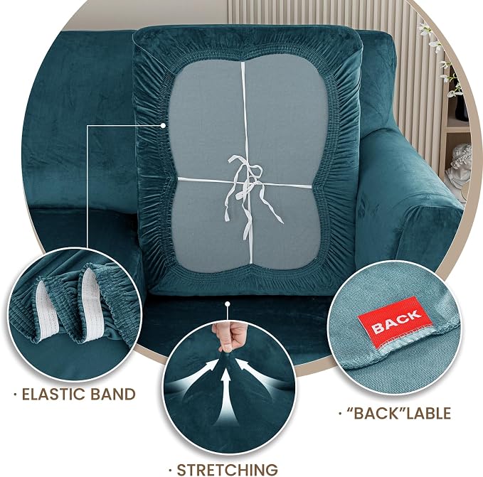 XINEAGE 4-Piece Velvet Oversize Sofa Cover,Couch Cover for Dog,Peacock Blue | 3 Cushion Large Sofa,Stretch Non-slip Elastic, Pet-friendly, Washable, Fast Setup, Soft Plush Fabric, Furniture Protector. - Image 7