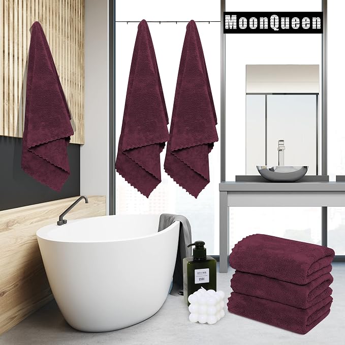 MOONQUEEN 6 Pack Premium Bath Towel Set - Quick Drying - Microfiber Coral Velvet Highly Absorbent Towels - Multipurpose Use as Bath Fitness, Bathroom, Shower, Sports, Yoga Towel (Burgundy) - Image 2