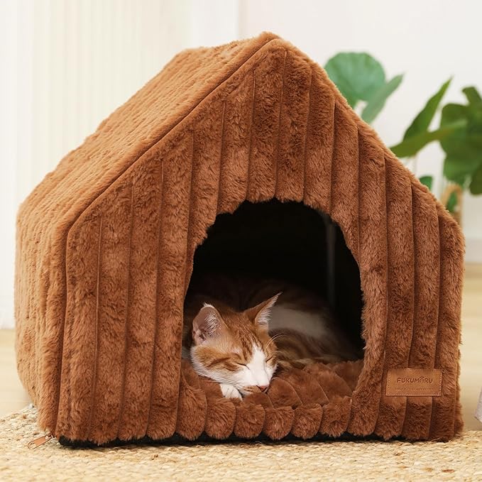 FUKUMARU Cat Bed Cave, Enclosed Washable Covered Dog Bed with Support Frame | Large Cat House for Indoor Cats, Cozy Cat Hideaway for Anxious Cats, Soft Plush Faux Fur Cat Tent Bed, Non-Slip Bottom, Brown - Image 6