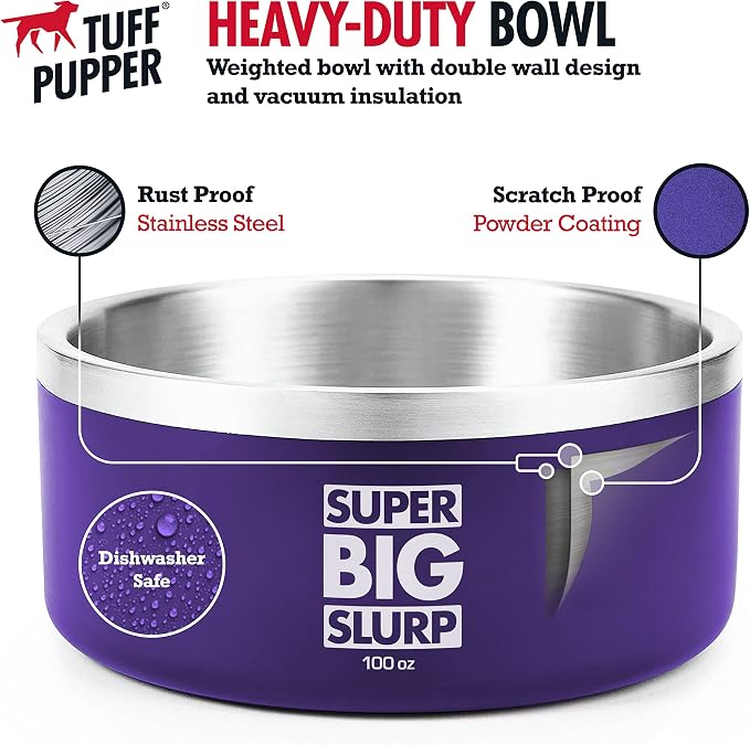 Tuff Pupper 100 oz Heavy Duty Insulated Stainless Steel Dog Bowl for Large Dogs, Non-Slip Base, Dishwasher Safe - Image 2