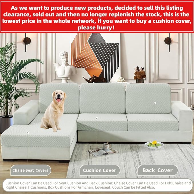 【Clearance】 Sectional Couch Covers for L Shaped Chaise Lounge 1 Piece Separate Cushion Couch Universal Replacement Large Checkered Furniture Protector with Elastic Bottom (Chaise Cover, Ivory) - Image 2