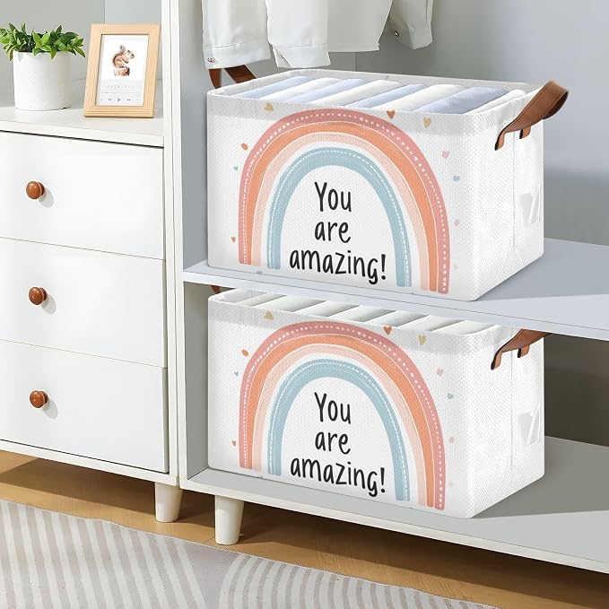 You Are Amazing Quoted Rainbow Positive Baby Storage Basket with Labels&Handles Rectangular Nursery Storage Bins Collapsible Shelf Organizer Baskets for Kids Books Cloth Gift Basket Toys Laundry - Image 3