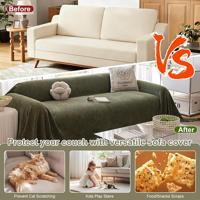ROOMLIFE Green Sofa Cover, Vintage Boho Couch Cover for 3 Cushion Sofa, Non Slip Soft Chenille Sofa Slipcovers for Dog, Washable Furniture Sofa Protector Cover with Tassel for Living Room, 71''X150” - Image 3