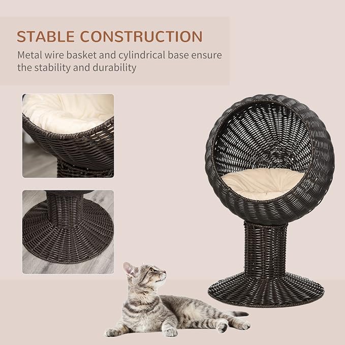 PawHut Elevated Cat Bed with Rotatable Egg Chair Pod, Cat Basket Bed with Thick Cushion, Natural Mat Grass Woven Kitty House, Coffee | Cat Basket Bed, Natural Mat Grass Woven Kitty House - Image 3