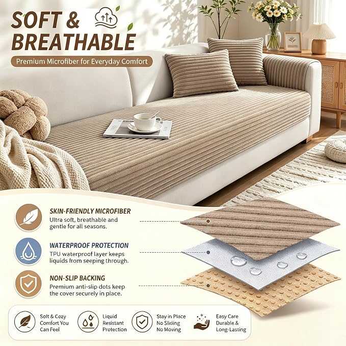 Waterproof Couch Cover for Dogs, Sofa Covers Washable & Non-Slip, Soft Dog Bed Blanket Protector for Sectional, Loveseat, Living Room Furniture (Khaki, 35.43"x 70.9" 1 Pack) - Image 2