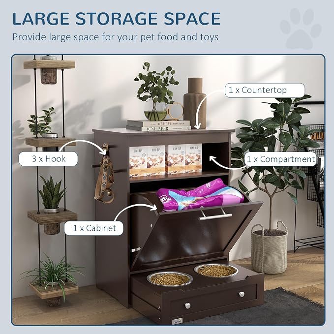 PawHut Dog Feeding Station with Raised Bowls, Pet Feeder Station, Brown | Dog Food Storage Cabinet, Hanger for Feeding & Watering Supplies - Image 4