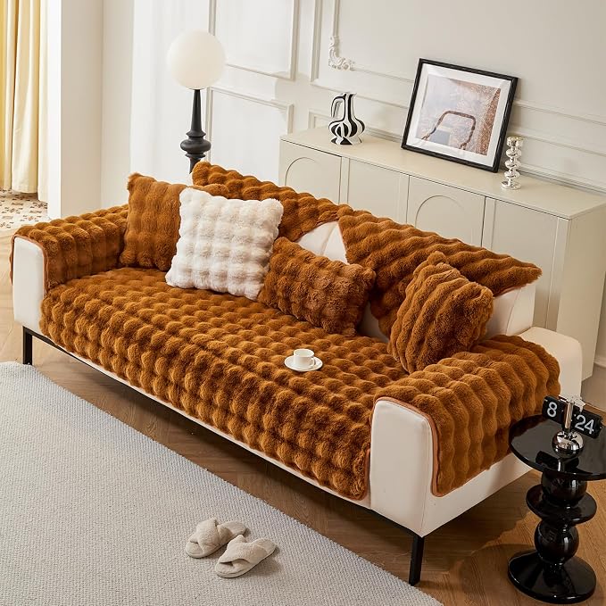 DREAMINGO Faux Fur Couch Seat Cover, Soft Plush Sofa Covers for Pet Washable, Non Slip Furniture Protector for 3 Cushion Couch Sofa Sectional, 35.4x94.5 Inch, Brown - Image 7