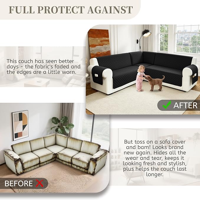 Sectional Couch Covers for Dogs 100% Waterproof Corner L Shaped Sofa Cover Pet Friendly Velvet Washable Anti Slip L Shape Modular Sofa Slipcover Protector with Pockets (Black, Small) - Image 7