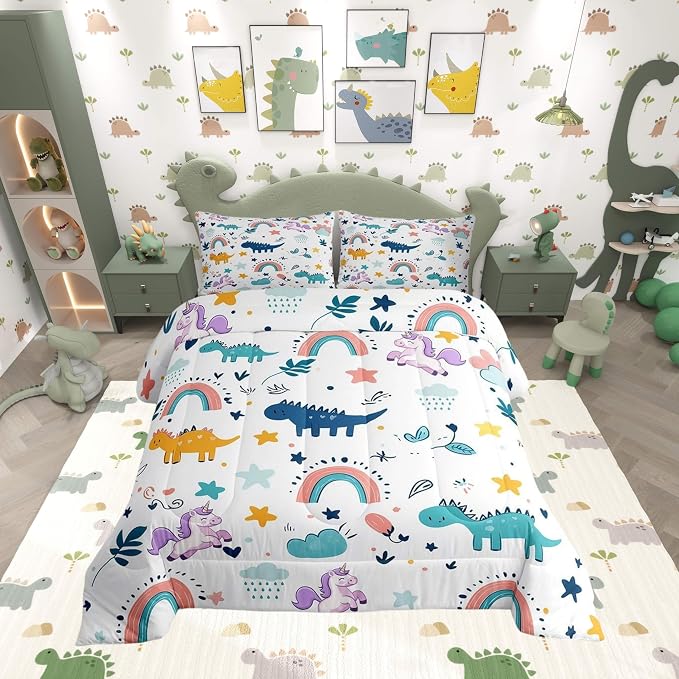 Manfei Cute Dinosaur Unicorn Bedding Set King Size,Cartoon Animal Star Rainbow Comforter Set for Kids Boys Teens Adult Room,Kawaii Flower Leaf Down Comforter Soft Quilt with 2 Pillow Cases by Manfei