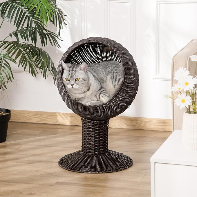 PawHut Elevated Cat Bed with Rotatable Egg Chair Pod, Cat Basket Bed with Thick Cushion, Natural Mat Grass Woven Kitty House, Coffee | Cat Basket Bed, Natural Mat Grass Woven Kitty House - Image 2