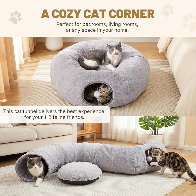 Cat Tunnel Bed for Indoor Cats, 31.5in Round Cat Tunnel for Small Cats, Cat Donut Tunnel with Washable Plush Mat, Collapsible Tunnel Hideplace for Kittens, Squirrels Grey - Image 3