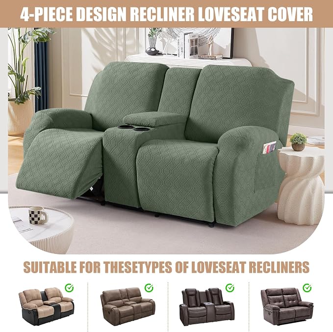 VANSOFY Recliner Loveseat Cover with Middle Console Stretch Reclining Sofa Slipcover for 2 Seat Jacquard Reclining Couch Sofa Covers Furniture Protector with Elastic Straps Bottom (Green) | 4-Pieces, Soft Furniture Protector, Washable Slipcover with Po... - Image 4
