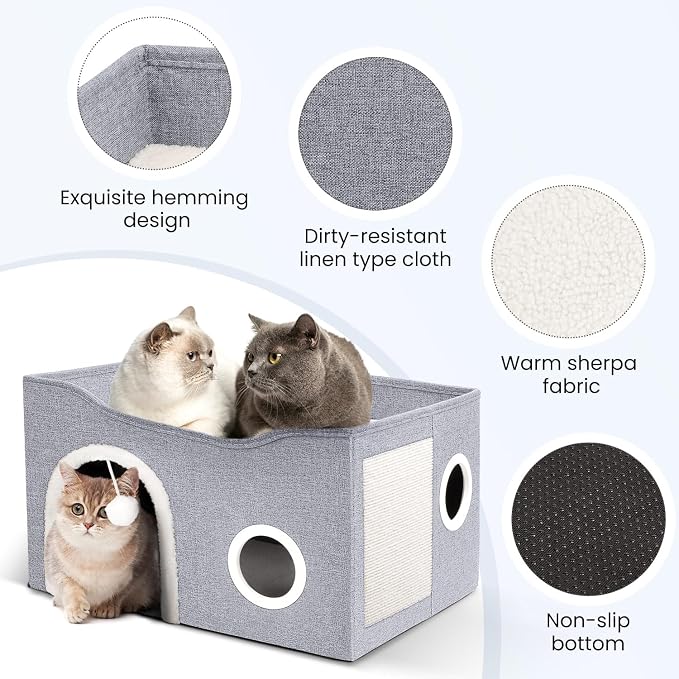 Heeyoo Cat House for Indoor Cats - Large Cat Bed Cave with Fluffy Ball and Scratch Pad, Foldable Cats Houses & Condos, Cat Hideaway, Covered Kitty Bed for Multi Small Large Kitty, 23.8x15.9x13.2 Inch - Image 2