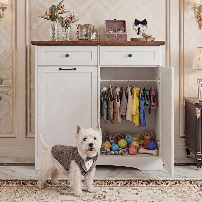 39.7’’W Dog Feeding Station, Tilt-Out Dog Food Cabinet for Multi-Pets, Pet Feeder Station with 4 Feeding Bowls, Dog & Cat Storage Organizer with Hanging Rod, (White, Dual Doors) by Unknown