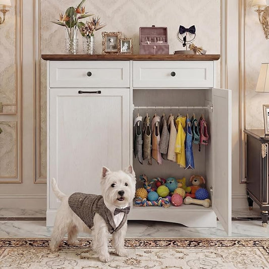 39.7’’W Dog Feeding Station, Tilt-Out Dog Food Cabinet for Multi-Pets, Pet Feeder Station with 4 Feeding Bowls, Dog & Cat Storage Organizer with Hanging Rod, (White, Dual Doors) by Unknown