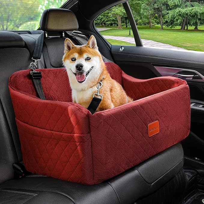 Dog Car Seat for Medium/Large Dogs,2 Clip-On Safety Leashs for 2 Small Dogs,Removable and Washable Comfy Pet Car Seat,Easy to Install and Clean (Red, Large)
