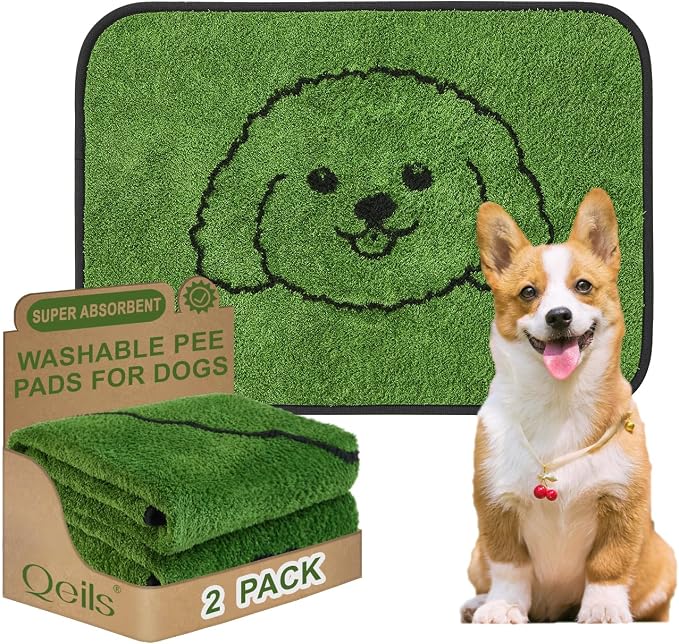 Qeils Reusable Puppy Pads , Washable Pee Pads for Dogs 18" x 24" 2 Pack | Super Absorbent & Leakproof Potty Training Pads, Plush Grass-Look With Non-Slip Backing For Crates, Playpens & Small Pets by Qeils