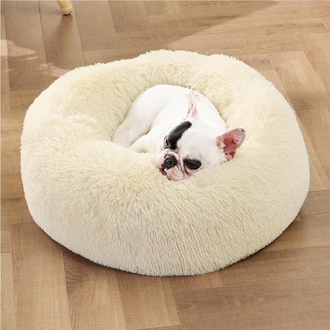 Bedsure Calming Small Dog Bed Donut Washable Cat＆Puppy Bed,23 inches | Fluffy Faux Fur Round Cuddler,Anti-Slip Bottom,Anti-Anxiety,Deep Sleeping for Large Cat & Pets Up to 25 Lbs,Ivory Beige - Image 4