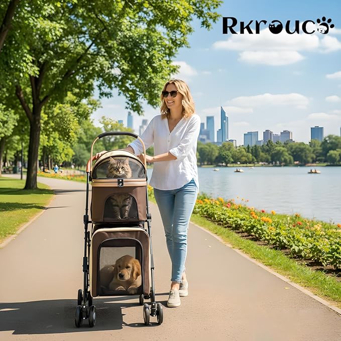 Foldable Double Pets Stroller for Dog Portable Cat Strollers for Small Medium Pet with Detachable Carriers Flexible Lockable Wheels Lightweight Dogs Jogger Strolling Cart Up to 77Lbs (Brown)
