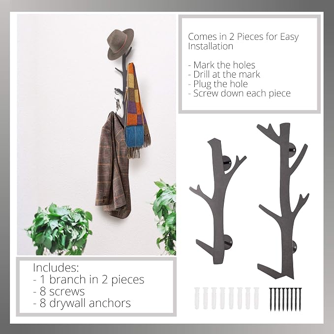TERRA HOME Tree Branch Coat & Hat Rack Wall Mount with 8 Vertical Hooks for Caps, Coats, Purse & More Modern Storage Dog Leash Holder Decorative Wall Hooks Vertical - Image 4