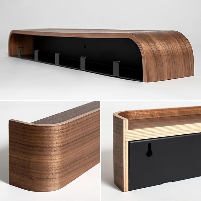 Kazai. Wall-Mounted Coat Rack 'Toke' - Modern Design Coat Rack with Hidden Wall Hooks - Solid Wood Veneer Panel Coat Hanger - Walnut - Image 4