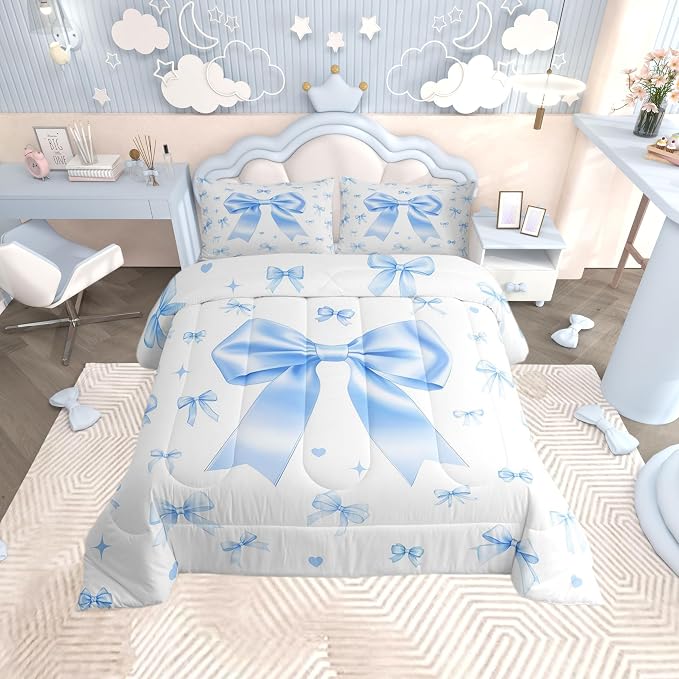 Manfei Blue Bow Bedding Set for Boys Girls,Cute Ribbon Bowknot All Season Cozy Comforter Set Full Size,Kawaii Princess Style Duvet Set Bedroom Decor,Personalized Birthday Gifts by Manfei