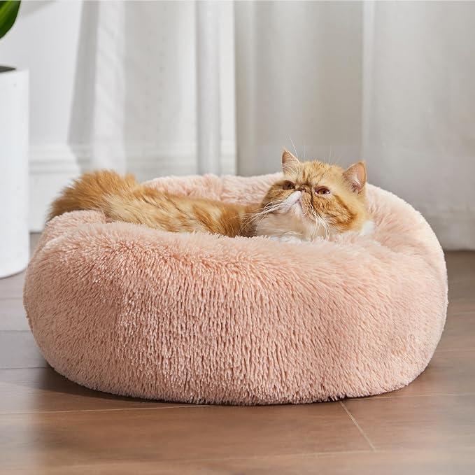Bedsure Calming Cat Beds Donut Round Washable Kitten Bed,20 inches Pink | Fluffy Faux Fur Cuddler,Machine Washable,Anti-Slip Bottom,Anti-Anxiety,Deep Sleeping for Cats&Small Pets Up to 15 Lbs - Image 3