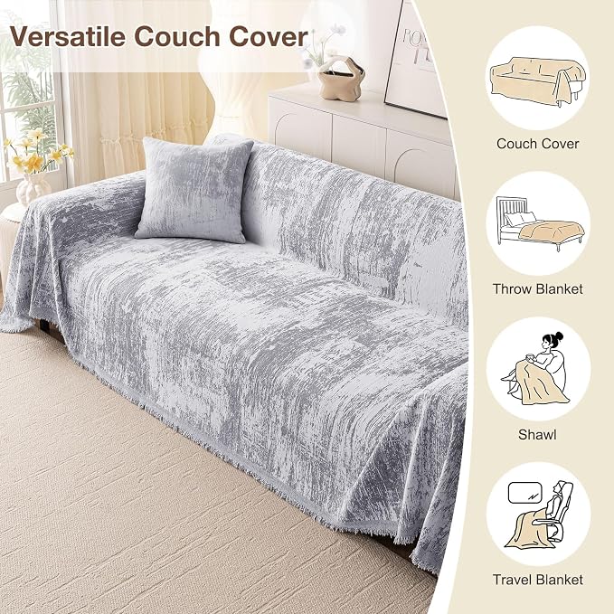 hyha Couch Cover for Dogs, Boho Chenille Sofa Cover for 3 Cushion Couch | Anti-Scratch Washable Sofa Slipcover, Loveseat Sectional Couch Throw Blankets with Tassels (Grey/White, 88.5x118 Inch) - Image 6