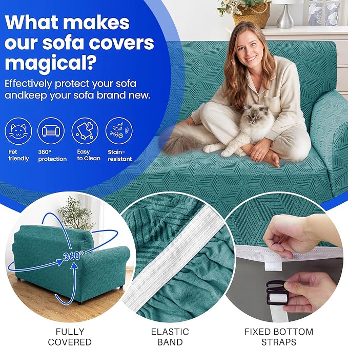 YEMYHOM 1 Piece Stretch Oversized Couch Covers for 4 Seat, Jacquard Extra Large Sofa Cover with Non-Slip Elastic Bottom, Thickened Slipcover Furniture Protector for Dogs Pets (X-Large, Peacock Blue) - Image 4