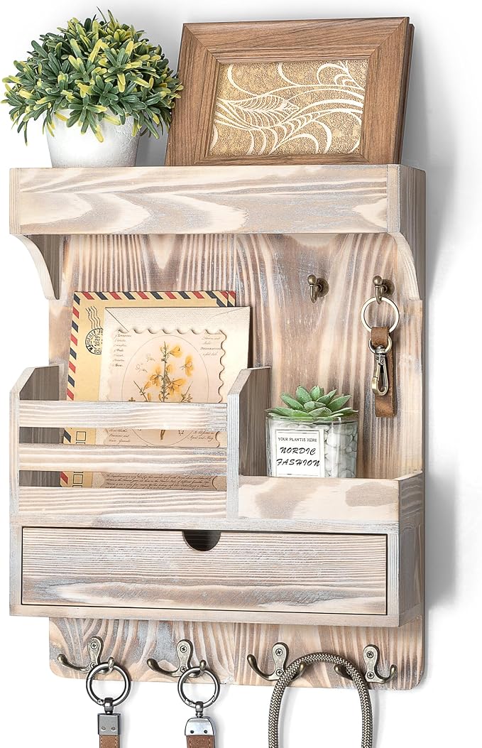 Rebee Vision Key Holder Wall Mount with Drawer for Entryway, Natural Wood | Key Holder for Wall, 6 Key Hooks, Wall Shelf, Drawer Organizer, Mail Sorter, Key Hanger Home Decor, Decorative Home Storage by REBEEVISION