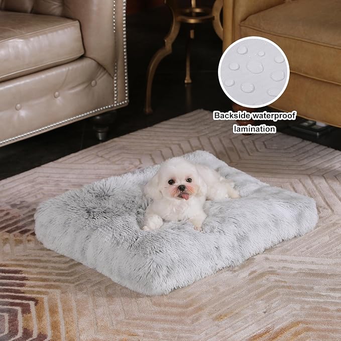 Bedfolks Waterproof Crate Bed, Plush Dog & Cat Bed with Removable Washable Cover, Faux Fur Kennel Pad, 17"x12", Grey - Image 2