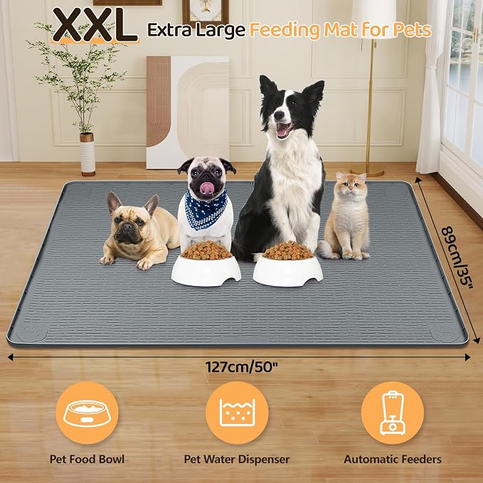 Dog Food Mat 50''x35'' Extra Large Dog Mat for Food and Water, Dark Grey | Silicone Dog Bowl Mat with Raised Edge, Waterproof Non-Slip Pet Feeding Mat for Floors, fit for Dog Cat Bowls - Image 2