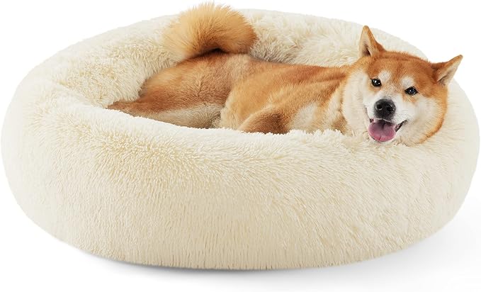 Bedsure Calming Dog Bed Medium Size Dog Donut Washable Pet Bed,30ins | Fluffy Faux Fur Round Cuddler,Machine Washable,Anti-Slip Bottom,Anti-Anxiety,Deep Sleeping for Pets Up to 45 Lbs,Ivory Beige by Unknown