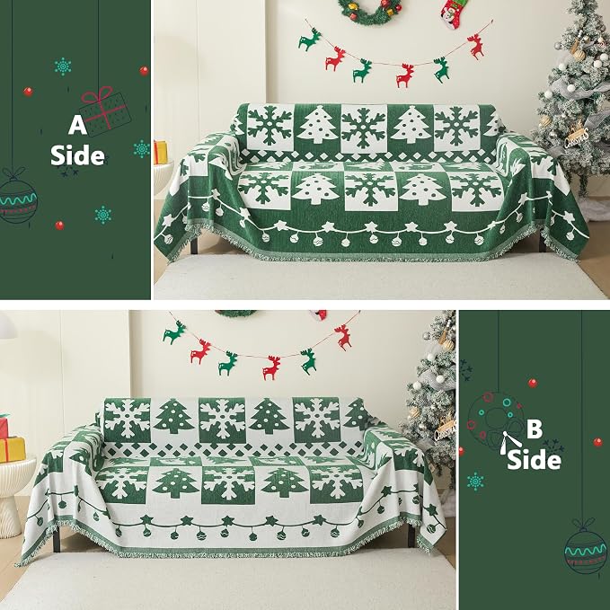 MEETSKY Christmas Couch Cover for Sectional Sofa, Chenille Green Sofa Covers Washable for Pet Friendly Snowflake Christmas Tree Decorative Couch Covers, 71" x 134" - Image 4