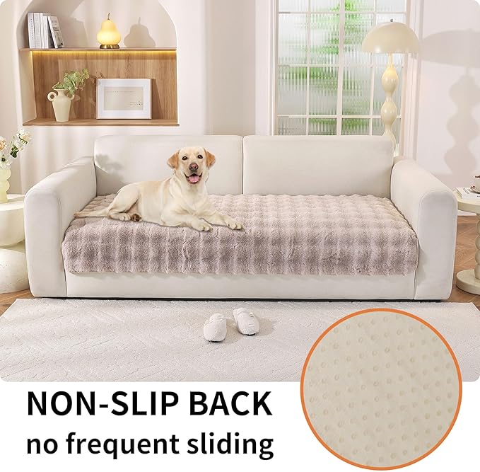 Waterproof Dog Bed Cover Non Slip Couch Covers for Dogs Washable Soft Faux Fur Sofa Cover Couch Covers for 2 Cushion Couch Sofa Pet Friendly (Khaki) - Image 2