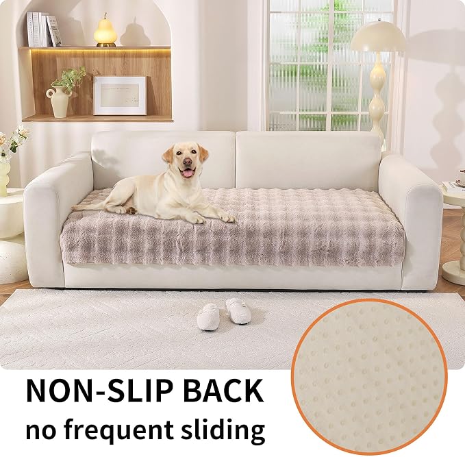 Waterproof Dog Bed Cover Non Slip Couch Covers for Dogs Washable Soft Faux Fur Sofa Cover Couch Covers for 2 Cushion Couch Sofa Pet Friendly (Khaki) - Image 2