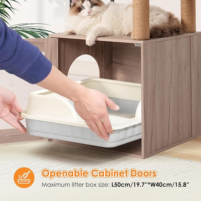Cat Tree with Litter Box Enclosure, All-in-one Cat Tower for Indoor Cats with Large Hammock, Bed, Food Station, Scratching Posts, Modern Style Pet Furniture, Gray+White - Image 5