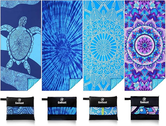 Microfiber Beach Towel Oversized 71x32 Multiple with Bag 4 Pack Bulk | Thin Lightweight Sand Free Absorbent Quick Dry Large for Travel Pool Swim Bath Cruise Sports Camping Essentials Adults Gifts by Gomust
