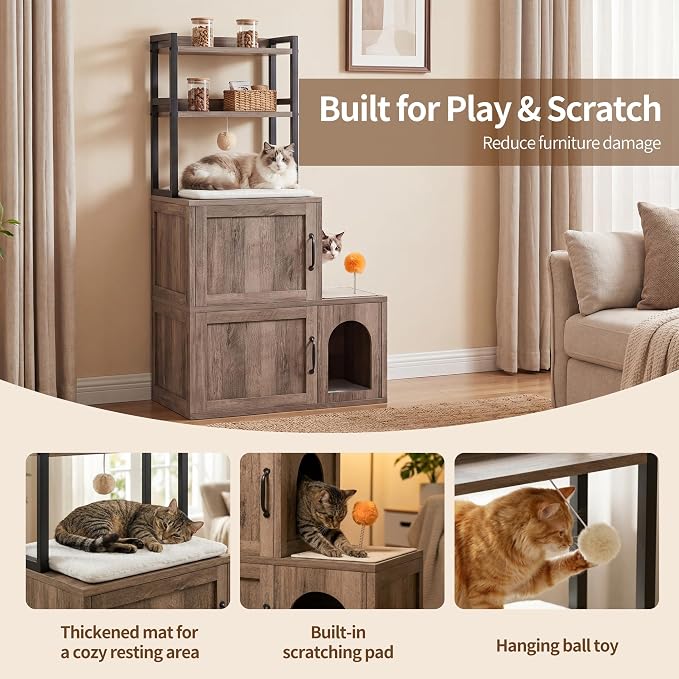 Heybly Cat Litter Box Enclosure Furniture, Double Hidden Litter Box Cabinet with Cat Tree, Large Litter Box Enclosure with Shelves & Storage, Cat House for 2 Cats, Cat Box Enclosure, Greige HCLB002SG - Image 3
