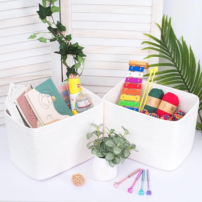 MINTWOOD Design 3-Pack Storage Baskets for Shelves, Playroom and Classroom, Book Basket, Decorative Cube Bins, Woven Closet Organizers, Baby Nursery Baskets, Creamy White - Image 2